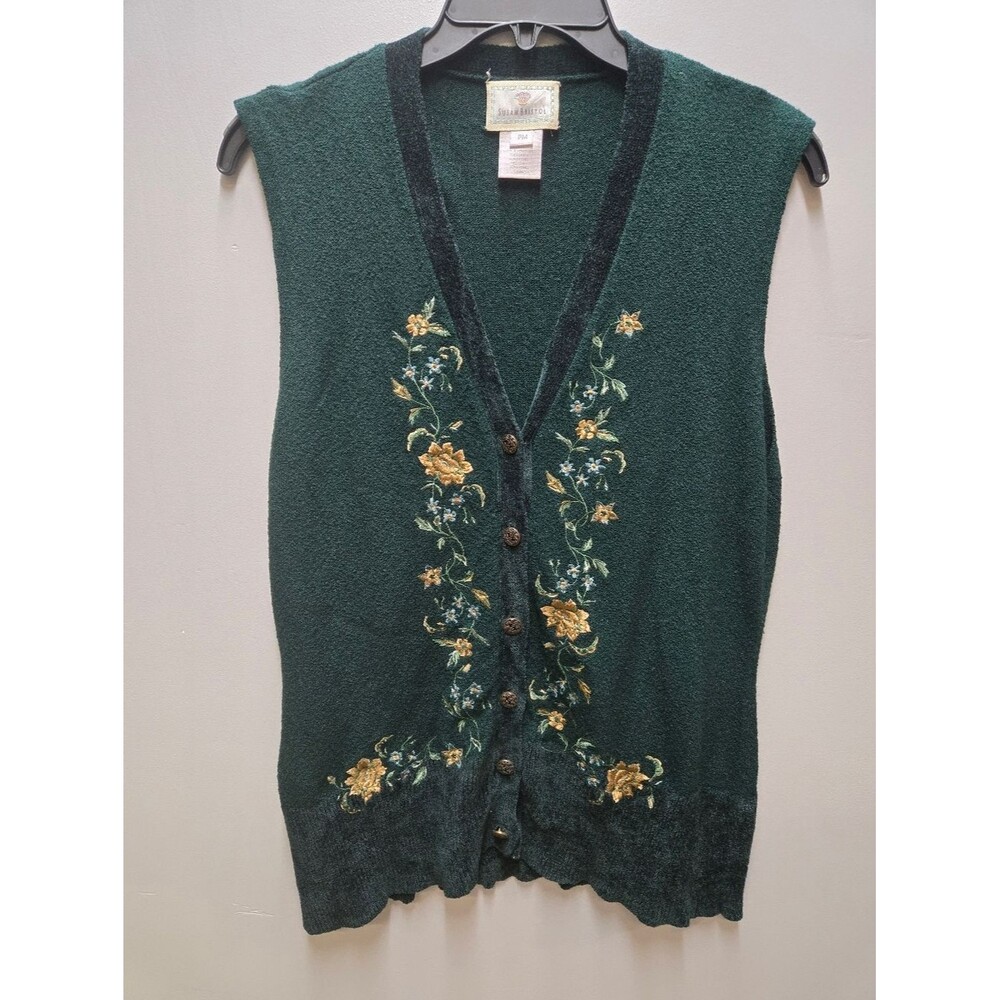 Susan Bristol Womens Floral Embroidered Wool Blend Sweater Vest Petite M Vintage